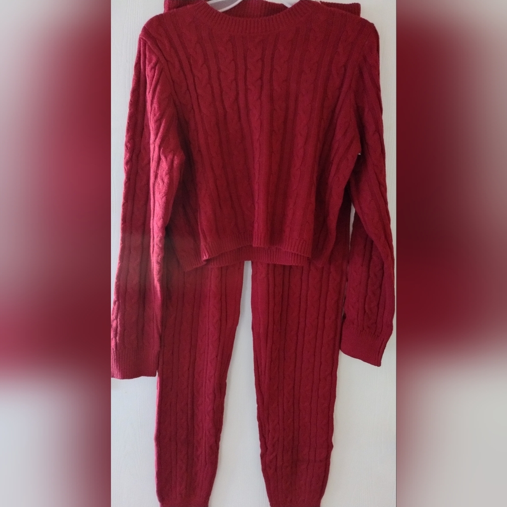 Cozy Red Cable Knit Sweater and Pants Set